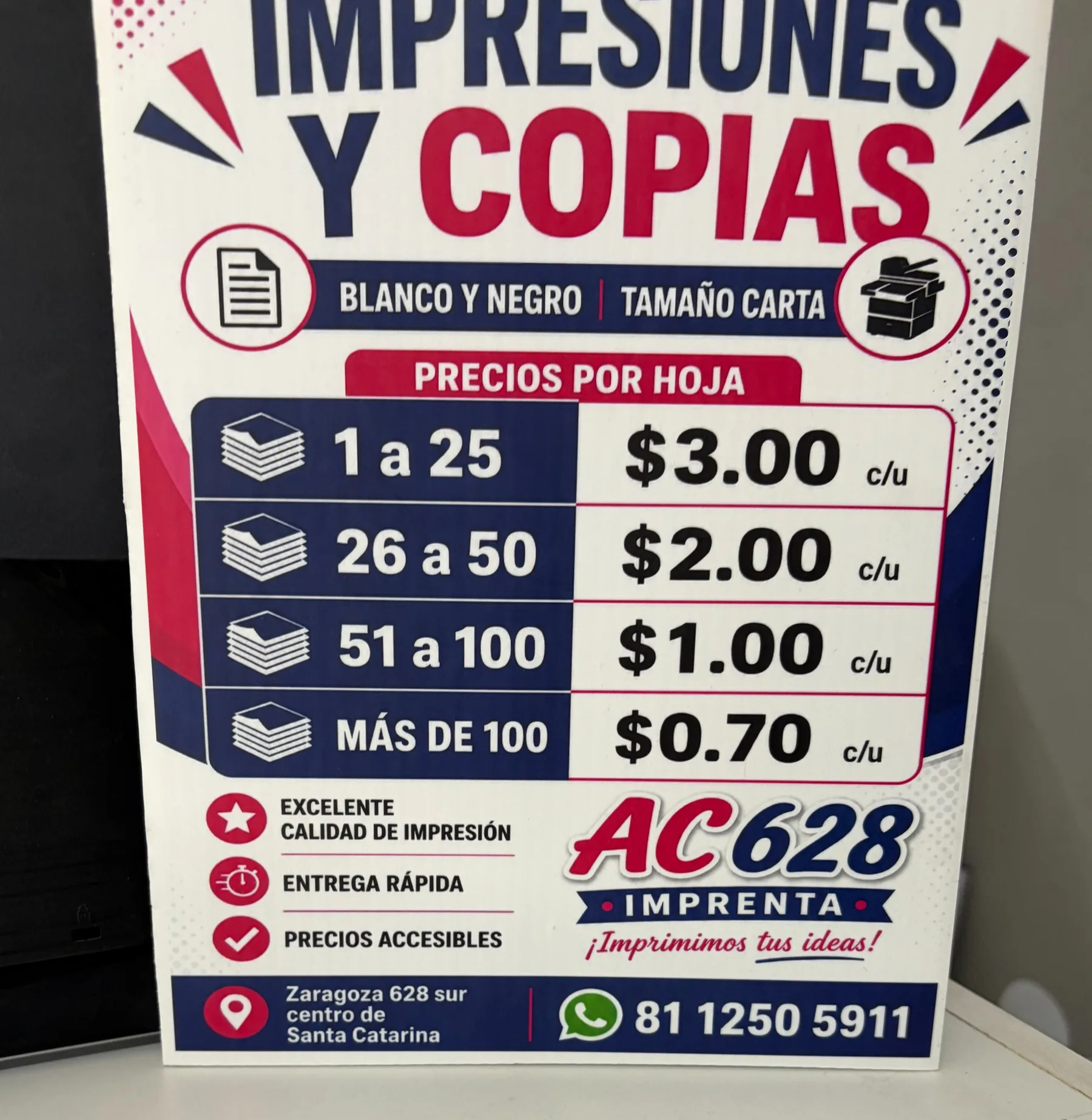 Letrero de precios de impresiones y copias de AC628